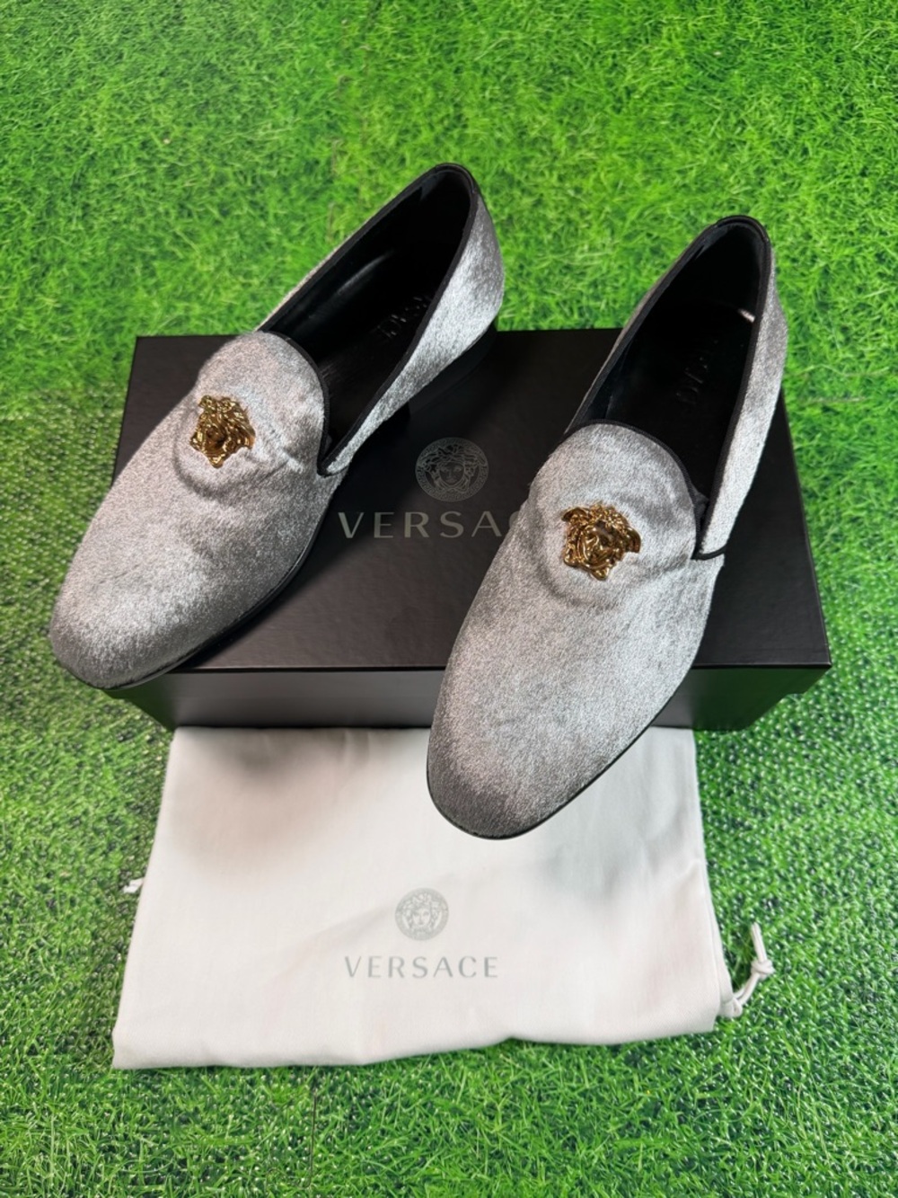 Versace Mens Silver Ponyhair Medusa Head Dress Loafers New In Box size 9 EU 42